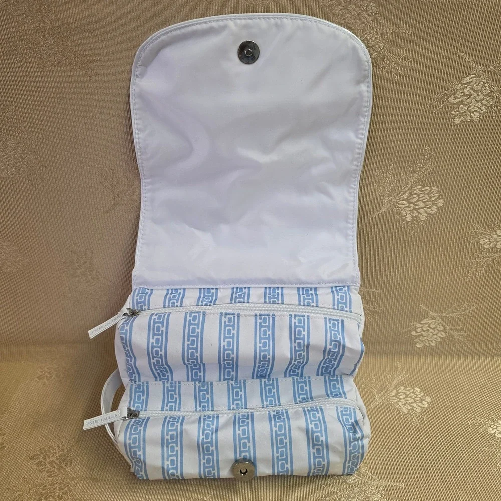 Estee Lauder Blue White Greek Key Stripe Travel Cosmetic Makeup Bag Organizer